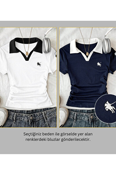 Gofeel Kadın 2 Li Soul Renkli Polo Yaka Nakışlı Büzgülü Bluz