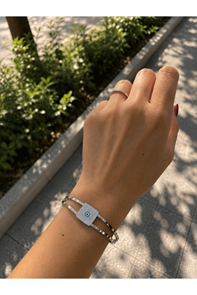 Nazar Boncuklu Silver Kelepçe Bileklik | Minimal Şans Kadın Bileklik