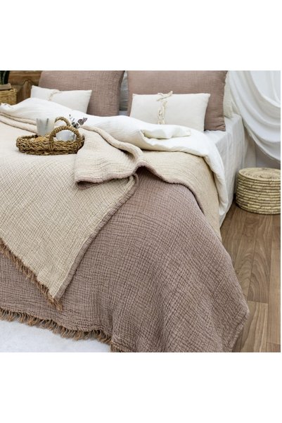 HB&Victory 100% Cotton 4 Layer Muslin Bedspread Brown Color Single Size 160X230 Cm. 1 Pillowcase 50X70 Cm.
