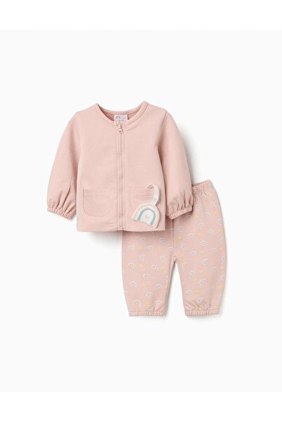 Ziddy Cotton Jacket + Trousers With Motif For Newborn Girls Light Pink