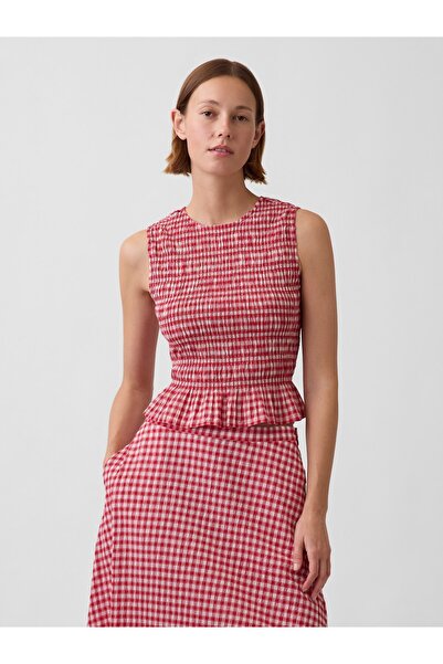 GAP Kadın Kırmızı Smocked Gingham Crop Peplum Üst