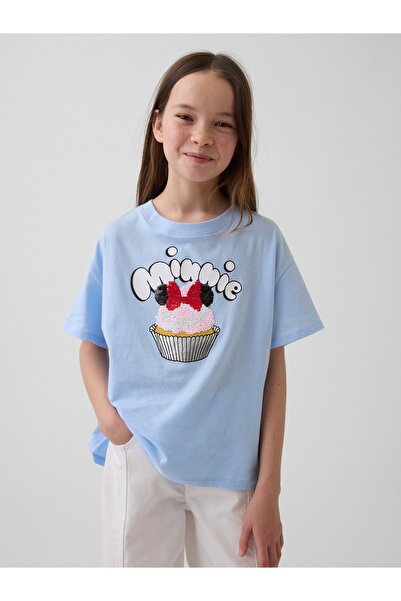 GAP Kız Çocuk Açık Mavi Disney Oversized Flippy Sequins Grafik Baskılı T-Shirt