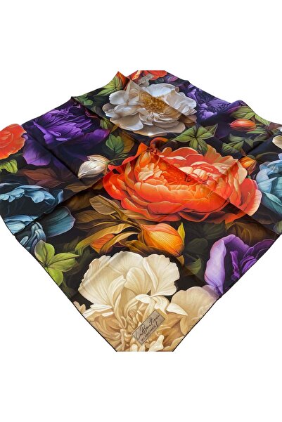 LA BOUTIQUE Tivil Silk Scarf Orange Flower Pattern 2555 - 03