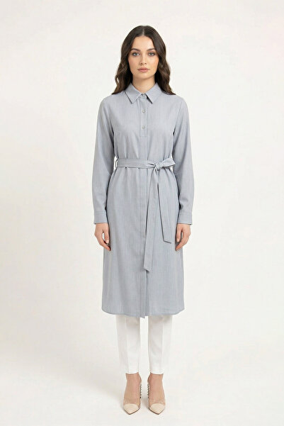 Zühre Belted Metal Button Detailed Classic Collar Gray/Blue Tunic 1628