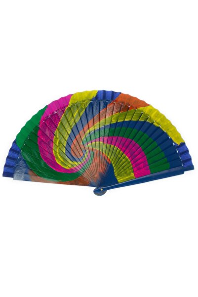 ButicCochet Evantai pliabil, din lemn, albastru cu imprimeu multicolor pictat...