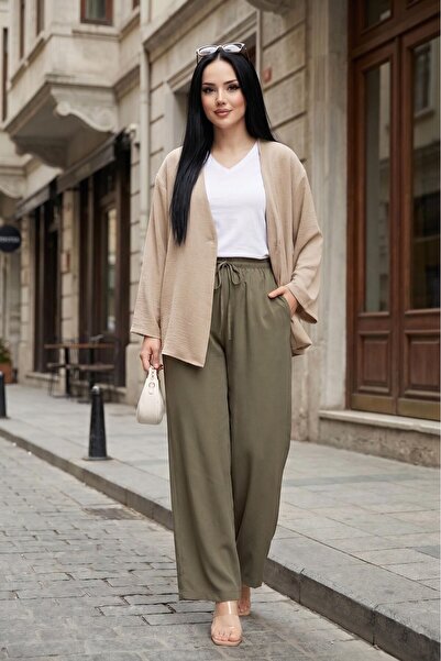 EBRUTESETTÜR Elastic Waist Pocketed Tencel Trousers Khaki