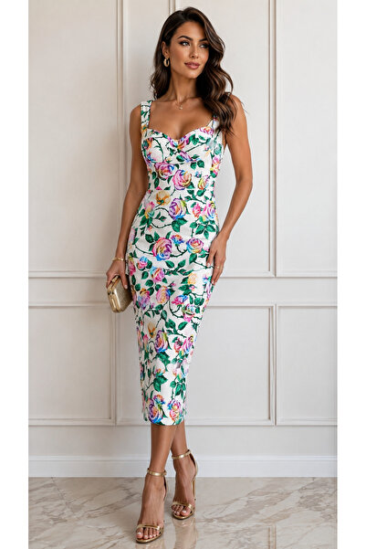 Diva Exclusive Fashion Pink Roses Midi Dress with Elegant Neckline