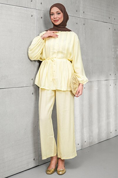 İmajButik Yellow Ribbed Detailed Tunic and Trousers Set