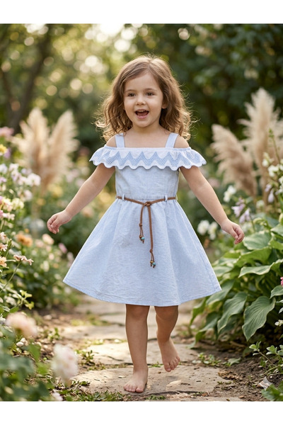 bohemiankids Girl's Blue Ruffle Collar Cotton Summer Casual Dress