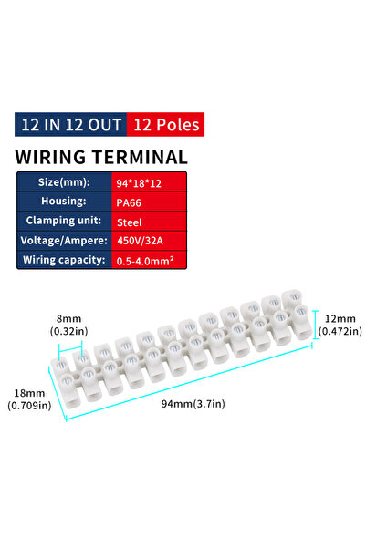 Choice8 10 Sets 12Poles-Integrated Terminal Block 12-Position Strip 450V/32A ...