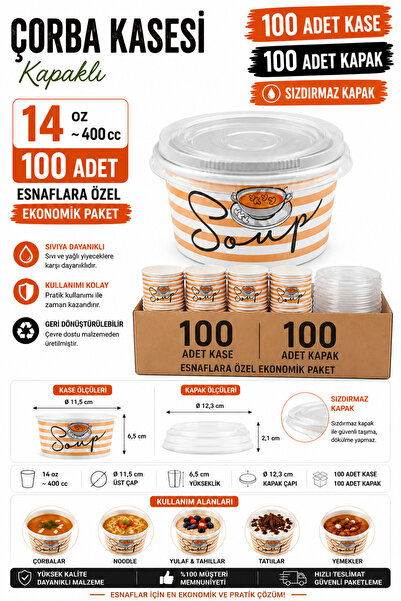 OPTİMEX 14 Oz 400 cc Kapaklı Çorba Kasesi 100 Adet Kase 100 Adet Kapak Sızdır...