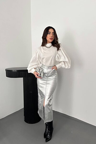 ozelia Silver Leaf Gabardine Slit Skirt