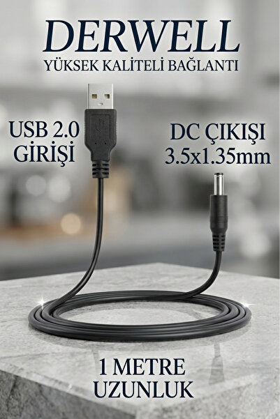 Derwell USB to DC 3.5x1.35mm 5V Güç Şarj Kablosu 1 Metre Modem Router Fan Min...