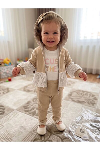 mono baby Kız Çocuk Bej Fitilli Dantel Detaylı Üçlü Takım - Kapüşonlu Hırka, ...