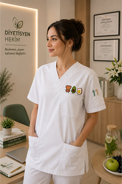 mirach Uniformă albă pentru femei, pentru dietetician și medic, cu broderie ș...