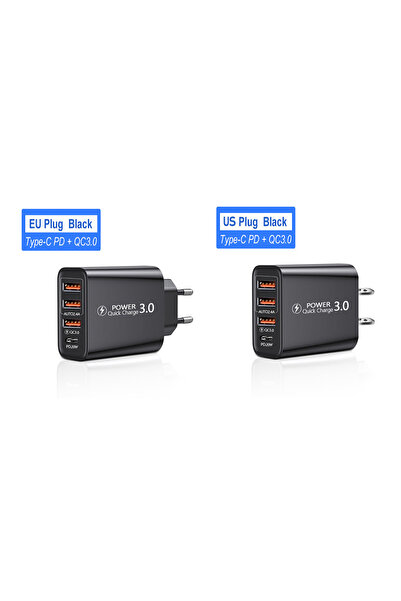 Choice3 شاحن طاقة أوروبي أسود 20 واط بتقنية PD مع 4 منافذ USB 5V4A لشحن الهوا...