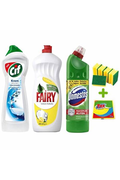 Fairy BULAŞIK DETERJANI CİF 500ML DOMESTOS + 5Lİ SÜNGER 3LÜ BEZ