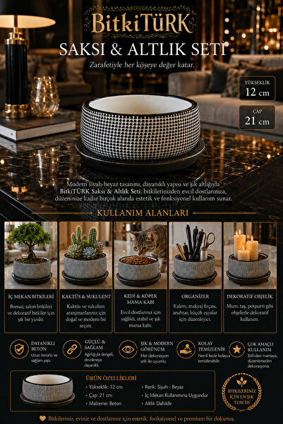 BitkiTÜRK 🌿 Premium Beton Saksı & Altlık Seti | Siyah Beyaz Desenli Dekorati...