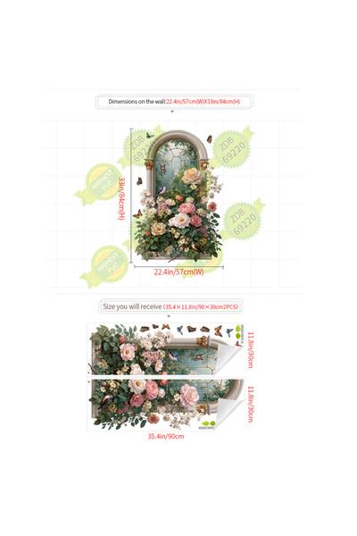 Choice green 3D Arched Window Floral Wall Sticker Butterfly Bird Self-Adhesiv...