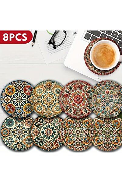 Choice Round 10cm 8pcs 8pcs Moroccan Mandorla 2D Wooden Coasters Set Artistic...