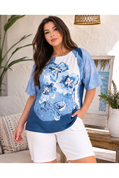 lavelina Plus Size Floral Print Stone Detailed Short Sleeve Women's Blouse