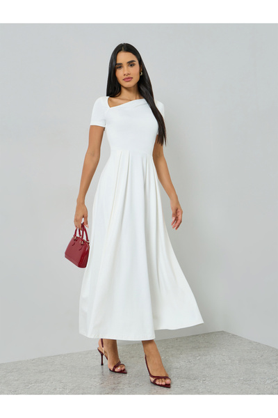 Take Two By Styli White Asymmetric Neck Short Sleeve Maxi Dress