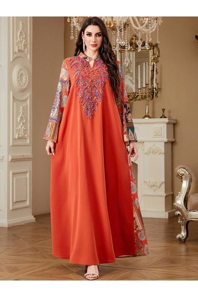 Take Two By Styli Orange Embroidered Jalabiya with Faux Pearl Detail