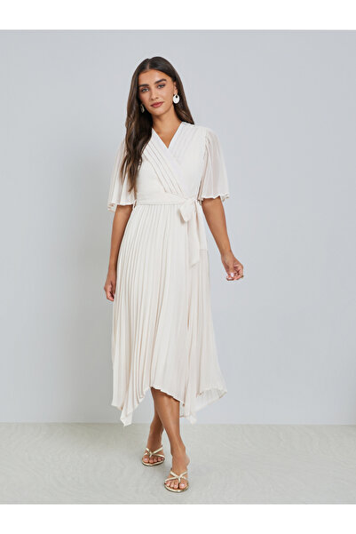 Styli Cream Pleated Midi Dress with Tie-Belt