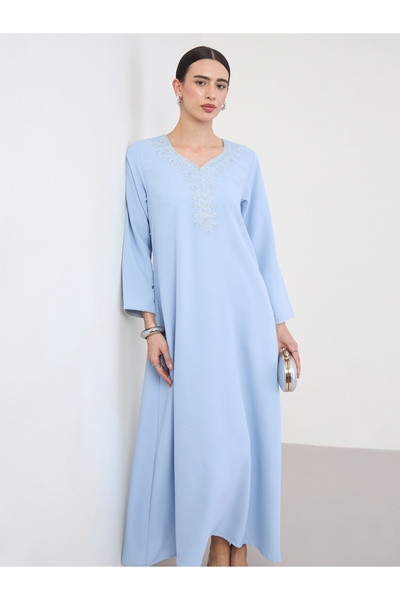 Amirah By Styli Light Blue V Neck Jalabiya with Dori Embroidery
