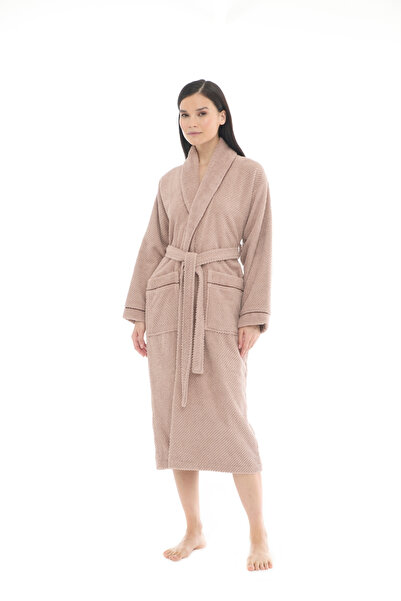 Seritaine Gaia Şalyaka Women's Bathrobe - Striped - Taupe 100% Cotton