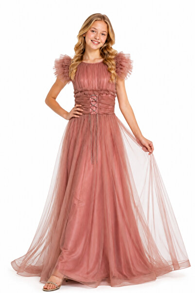 AHENGİM Girl's Tulle Detailed Belted Evening Dress Special Occasion Dress Ak2613
