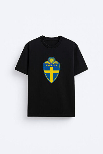 AYDESİGN Tricou negru din țesătură de bumbac imprimat cu echipa suedeză de fo...