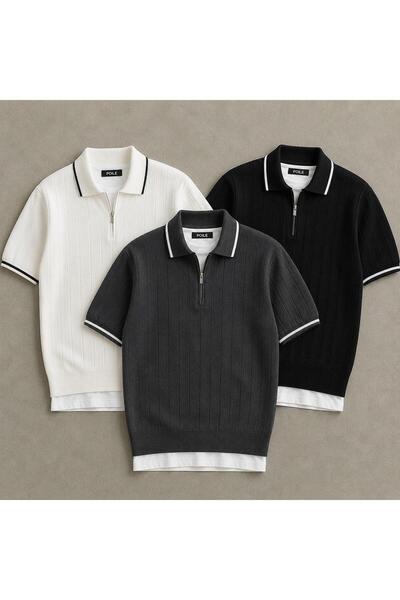 pepule Erkek 3'lü Polo Yaka Triko Dokulu yarım fermuarlı Regular Pamuklu T-shirt