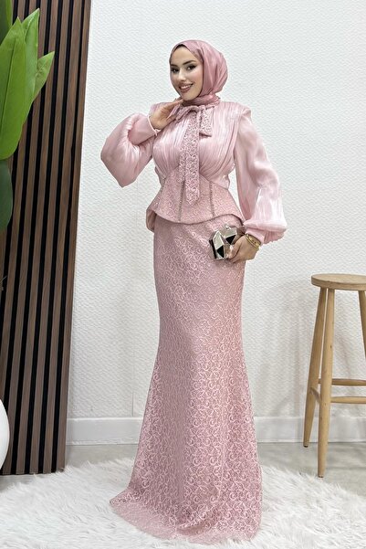 Lamia Giyim Dantel Balık Abiye Soft Pembe