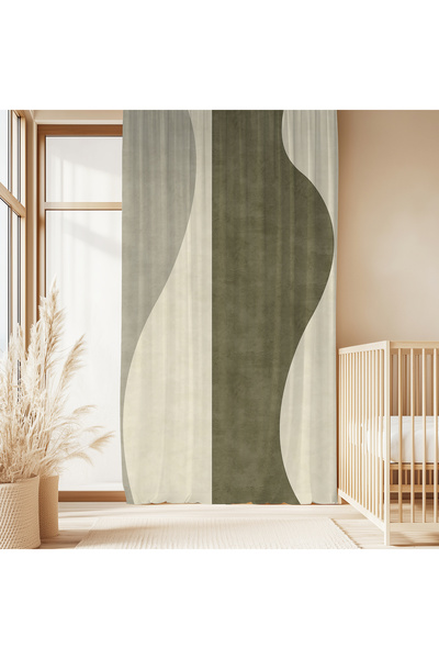 Hanna Home Haki Soyut Desenli Kadife Görünümlü Salon fon perde