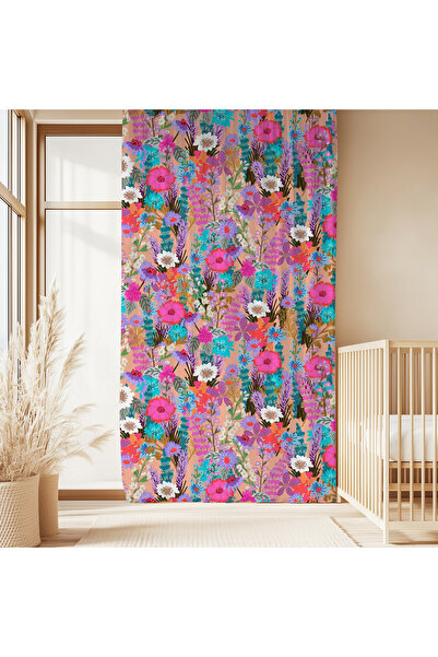 Hanna Home Çok Renkli Floral Desenli Kadife Görünümlü Salon fon perde