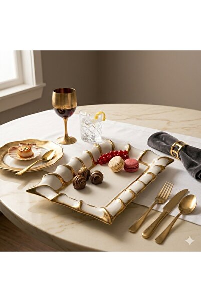 Sembol Rectangular Luxury Presentation and Serving Plate White-Gold (30X20 cm)