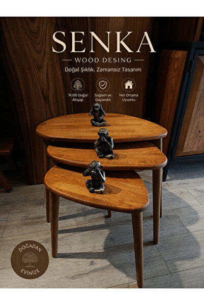 Senka Wood Doğal Masif Ahşap Modern İskandinav asimetrik 3lü Zigon sehpa takımı