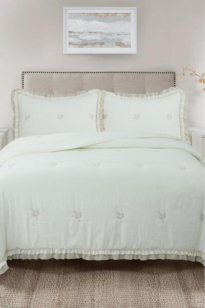 Çeyiz Diyarı Bigo Embroidered Ruffled Double Bedspread Cream