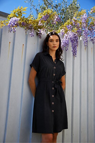 armonika Women's Black Belted Short Sleeve Shirt Dress Arm-26Y001111