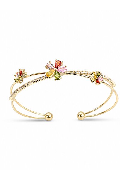 serelya Brass Gold Color Colorful Flower Model Women's Bracelet
