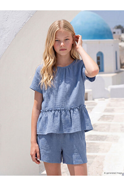LC Waikiki Vizyon New Season Crew Neck Ruffled Girls' Muslin Blouse