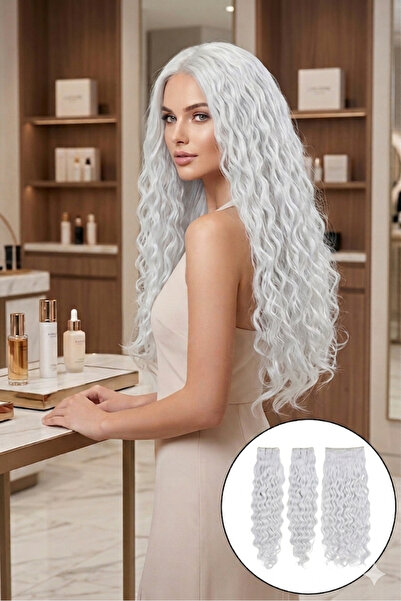 REMY HAİR İnci Beyaz Afro dalgalı Yarım Ay çıt çıt – 70cm 190 Gr. Fiber Saç Ç...