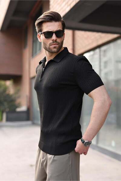 Madmext Black Polo Collar Knitted Patterned Knitwear Men's T-Shirt E7489