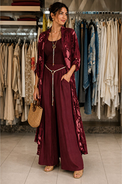 günay boutıque Bordo Çiçek Desenli Ham Keten Kimono & Bol Paça Pantolon Takım