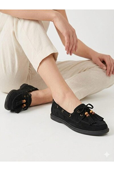 Lütfi Women's Black Suede Beaded Detailed Tasseled Casual Loafer Shoes