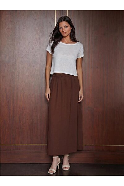 WeShaya Brown Stretchy Textured Elastic Waist Straight Cut Long Ayrobin Skirt
