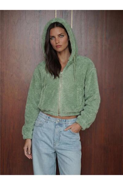 WeShaya E.Green Polyester Textured Hooded Zippered Long Sleeve Crop Jacket