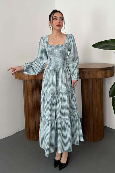 Caddebostan Moda Plaid Square Collar Gipe Detailed Long Sleeve Bohemian Dress
