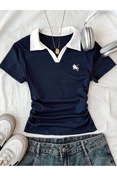 Bravebell Kadın Polo Yaka Nakış Detaylı Kaşkorse Slim Fit Tişört